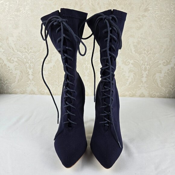 Simmi Size 6 Dark Navy Blue Lace Up Sock Boots Stiletto Heels Pointed Toe - Picture 1 of 11